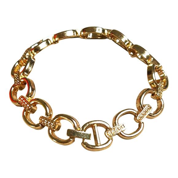 Gold Tone Rounded and Clear Rhinestones Bars Links Bracelet - Picture 3 of 5